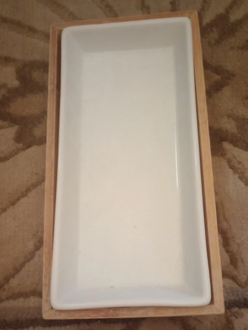 NWT White Ceramic Vanity Tray with Natural Wood Base - Minimalist Organizer